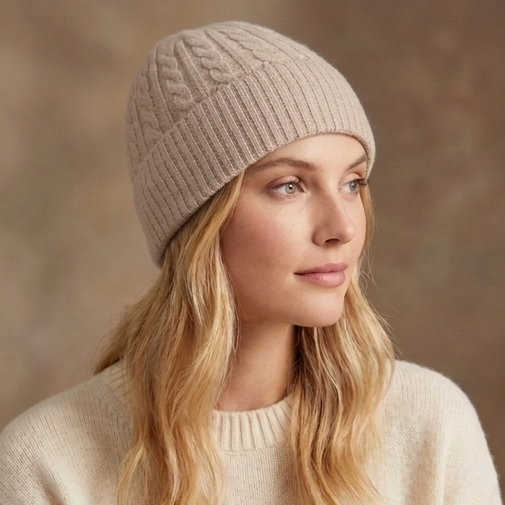 Beige Cable-Knit Beanie